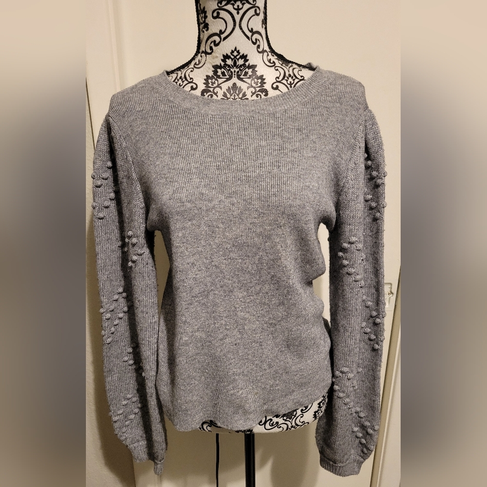 Splendid Ribbed Textured Heart‎ Print Bishop Sleeve Sweater Gray Sz Small